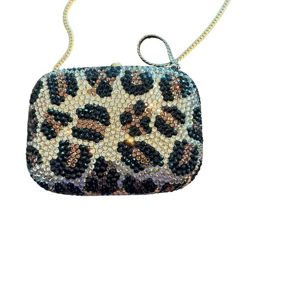 Mini Crystallized Embellished Evening Shoulder Bag Clutch Purse Leopard Gold - Picture 9 of 16